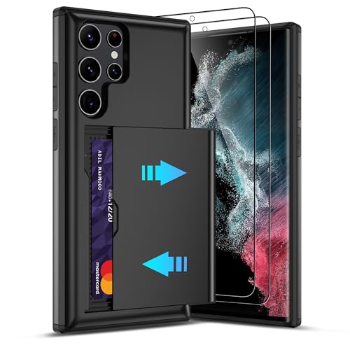 Pilaru for Samsung Galaxy S22 Ultra Case with Card Holder and (2 Pcs) HD Screen Protector Slim Heavy Duty Dual Layer Shockproof Design & Hidden Card Slot Wallet Case for S22 Ultra-Black