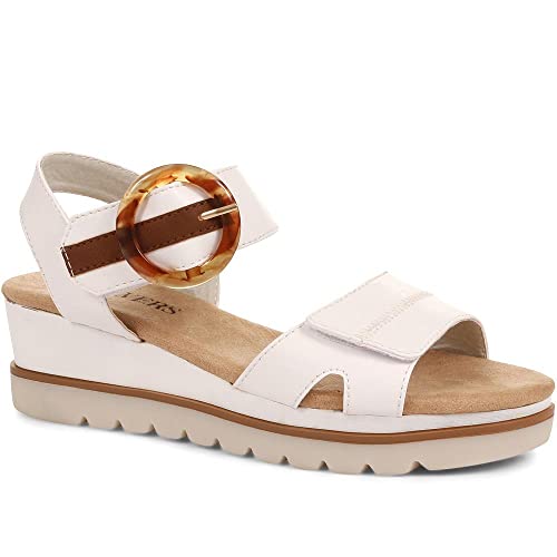 Pavers Ladies Dual Fit Sandals - Stylish Comfortable Wedge Sandals for Casual Wear - Women's Cushioned Footbed and Decorative Buckle - Size 5/38 White