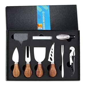 Cheese Knife Set 14 Piece, Stainless Steel Cheese Knives, Charcuterie Boards Accessories, Butter Spreader Knife with Corkscrew Wine Opener and Pourer – Premium Gift Box