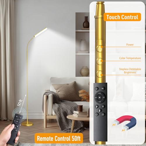 Image of marctronic Gold Floor Lamp, 18W 1800LM Bright LED Floor Lamps for Living Room Bedroom, Dimmable Timing Eye Caring Reading Standing Lamp with Remote & Works with Smart Plug