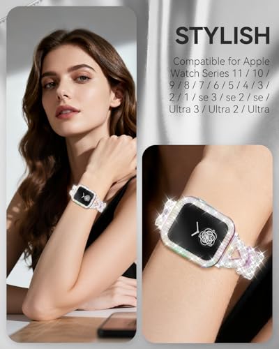 Image of Rhinestones Encrusted Metal Bracelet and Case, Compatible with Apple Watch Bands 38mm-49mm (Series 11 /1 /SE /Ultra 2)- Bling Gold Women's Jewelry Strap, Luxury iWatch Bracelet with Screen Protector