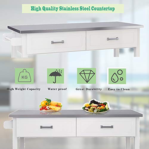 image for RASOO Kitchen Island Cart on Wheels Trolley White Stainless Steel Top 