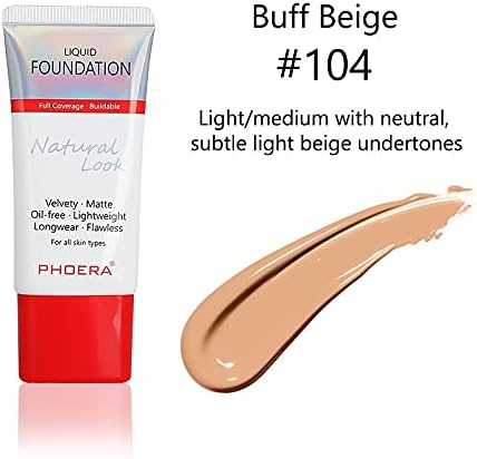 AQUAPURITY PHOERA Full Coverage Foundation New Formula Waterproof Long Lasting Oil Free Velvet Matte Liquid Foundation for Oily Skin Flawless Makeup Base Cream Concealer (104 Buff Beige…) - Image 3