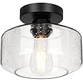 Industrial Semi Flush Mount Ceiling Light, 800 Lumen LED Bulb Included, Seeded Glass Shade Farmhouse Light Fixture for Hallway Corridor Kitchen Bathroom Bedroom Passway