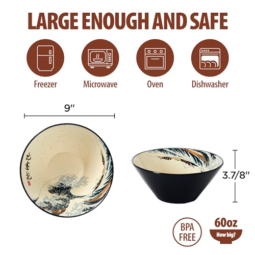 BICETTO Japanese Ramen Bowl Set with Great Wave Design - 60oz Large Ceramic Bowls, Spoons, Chopsticks for Ramen, Pho, Salad, Poke - Premium Gift for Ramen Lovers - Microwave & Dishwasher Safe by BICETTO - Used condition - Image 4