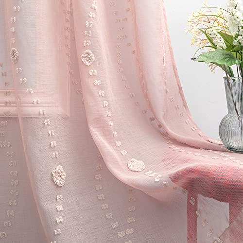 Koufall Dusty Blush Pink Neutral Curtains 63 Inch Length For Boho Nursery Bedroom,Soft Vertical Chevron Pom Pom Dot Flower Textured Sheer Window Curtain Panels For Kids Room Decor #TOP3
