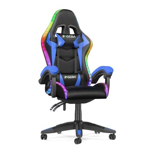 bigzzia Gaming Stuhl mit LED - Gaming Sessel Ergonomischer PC Stuhl mit Kopfstütze, Gamer Stuhl RGB Licht Beleuchtung Computerstuhl, Gamer Chair für Jugendliche und Erwachsene, Schwarz-blau