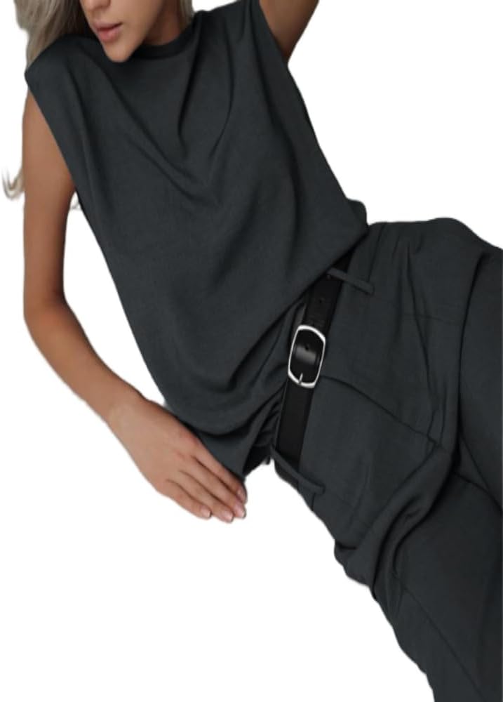Mandonce 2 Picec Outfits for Women Sleeveless Vest Top, with Zipper Belt Design, Loose Long Pants.