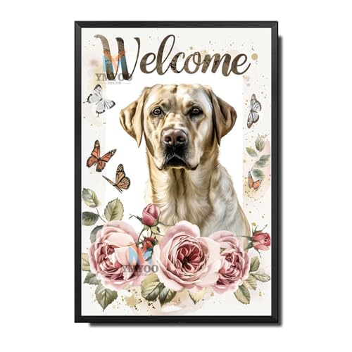 Ymyoo Decorative Tin Sign Wall Art Labrador Retriever Welcome English Roses for Home Offices Library Rooms and Traditional Interiors Waterproof Rustproof Aluminum 12×16 Inches with Metal Frame