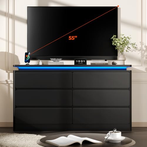 6 Drawer Dresser for Bedroom, 47.2" Long Black Chest of Drawers with Charging Station & LED Lights,Curved Profile Design,Double Wooden Closet Storage Cabinet,Modern Dresser TV Stand with Deep Drawers