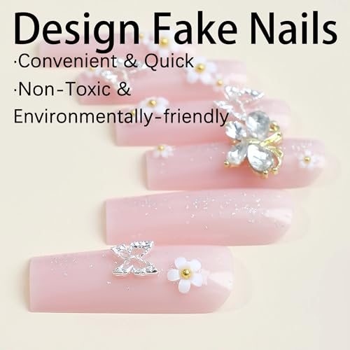 BABALAL Square Press-on Nails - Long, Pink Glue-on with 3D Butterfly Flower Charms - Acrylic Squoval Glitter Manicure - 24pcs Artificial False Nails for Women & Girls - Thumbnail 4