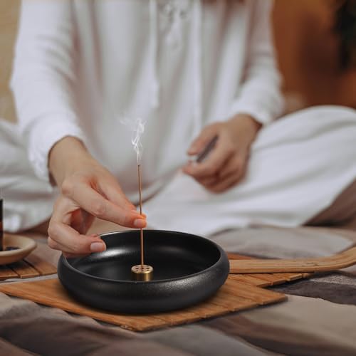 Mofunci Incense Holder for Sticks, Sage, Coil Incense, Incense Stick Holder 5.71" for Yoga Meditation Energy Cleansing, Ceramic Incense Burner Holder with 9 Holes, Ash Catcher, Smudge Bowl (Black) — view 2