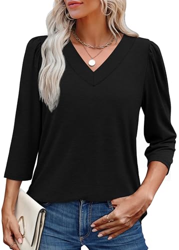 OFEEFAN Women's V Neck Shirts 3/4 Length Puff Sleeve Blouses Curved Hem Long Tunic Tops Dressy Casual S-3XL2