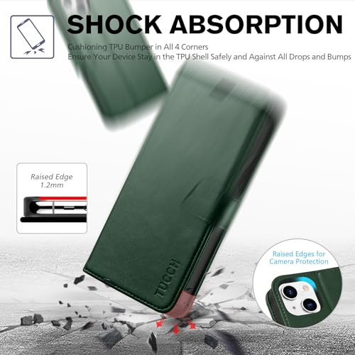 Image of TUCCH Wallet Case for iPhone 13 (6.1 inch) 2021, Flip Stand, Midnight Green | RFID Blocking, 3 Card Holders, Kickstand, PU Leather, Shockproof TPU Shell, Magnetic Closure, Protective Folio Cover