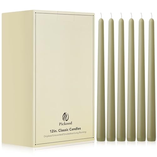 Pickood 12-Inch Tall Unscented Dripless Taper Candles Bulk 30 Pack - Sage Green Taper Candles Bulk - Smokeless, 8-10 Hour Long Burning - Colored Candlesticks Bulk - Sage Green
