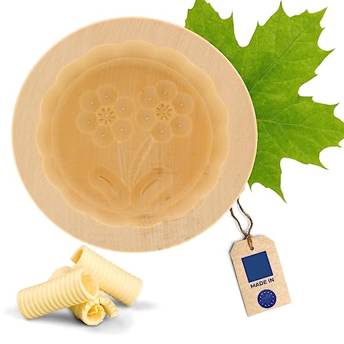 HOFMEISTER® Butterform, für 60 g Butter, 8 cm, Blume D, handgeschnitzt in Deutschland, Butter-Form zum Dekorieren, runde Sturz-Form, Butter-Model aus heimischem Ahorn-Holz