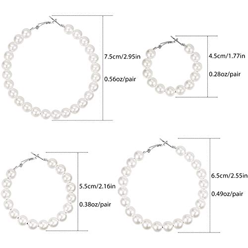 4 Pairs Faux Pearl Hoop Earrings For Women Circle Dangle Drop Earrings Artificial Pearl Beaded Earrings (Silver Pearl Hoop) #TOP1