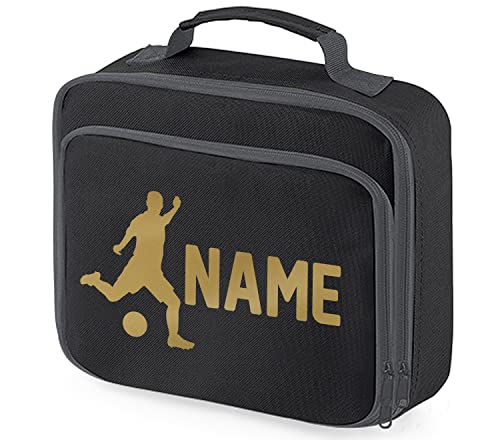 Absolutely Top Personalised School Lunch Bag Boys Girls Football Insulated Snack Box Kids Gift, Ink Black/Gold Print