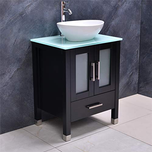Danseelee 24'' Tempered Glass Top Modern Bathroom Vanity And Sink Combo Stand Cabinet,White Oval Ceramic Vessel Sink With Mirror,Contains Faucet And Pop-Up Drain (Black) #TOP3