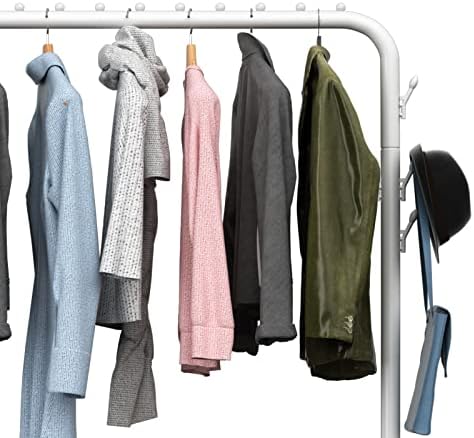 LOEFME Clothes Rail, Heavy Duty Clothes Rail, Clothes Rails For Bedroom, Clothes Rack, Minimalist Design White Clothes Rail with 8 Side Hooks, Free Standing Clothes Rail, Portable Clothing Storage
