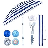 Tempera Heavy Duty High Wind Beach Umbrella with Sand Anchor & Carry Bag|Patio Outdoor Umbrella with Aluminum Frame and Push Button Tilt, Ideal for Garden Lawn, UPF 60+, Blue White Stripe