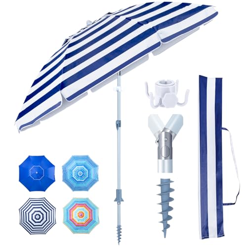 Tempera Heavy Duty High Wind Beach Umbrella with Sand Anchor & Carry Bag|Patio Outdoor Umbrella with Aluminum Frame and Push Button Tilt, Ideal for Garden Lawn, UPF 60+, Blue White Stripe