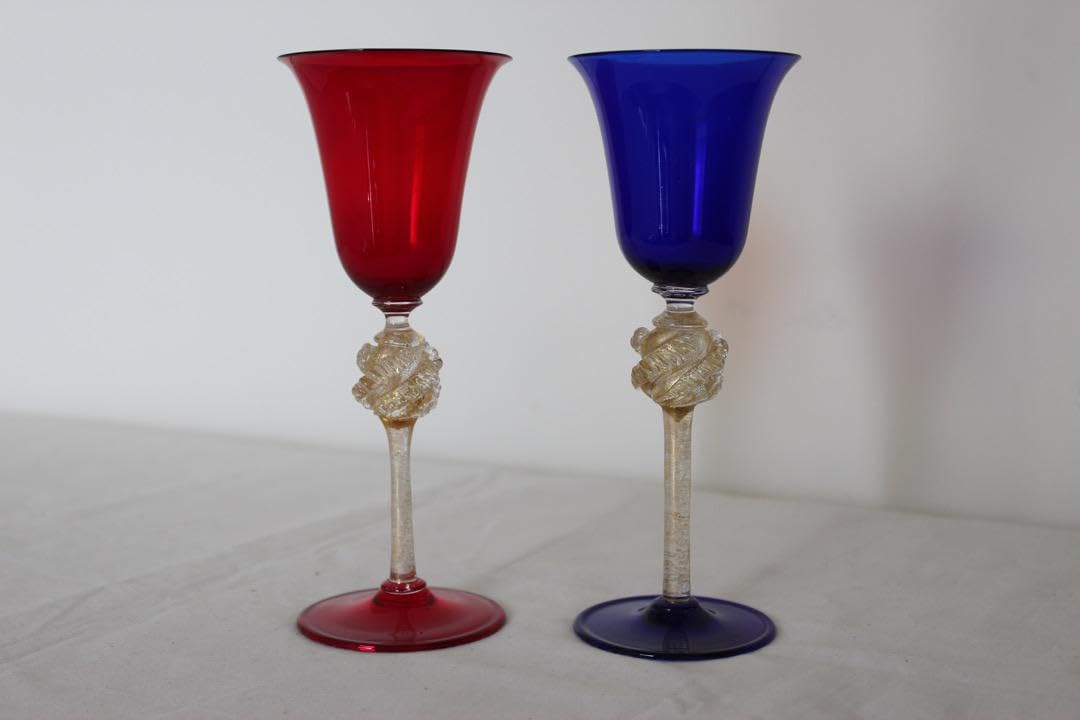 Amazon | ムラーノガラス ペア ワイングラス 青＆赤 イタリア  