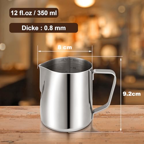 Milchkännchen für Kaffeemaschine,350 ml/12 fl.oz Milchkanne aus Edelstahl 304,Barista-Zubehör aus Metall für Cappuccino,Latte und Espresso,Spülmaschinenfest