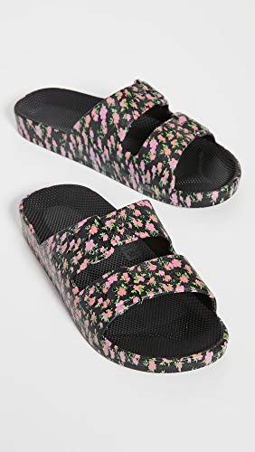 Freedom Moses Women's Moses Two Band Slides, Pop Bloom, Black, Floral, 9-10 Medium US2