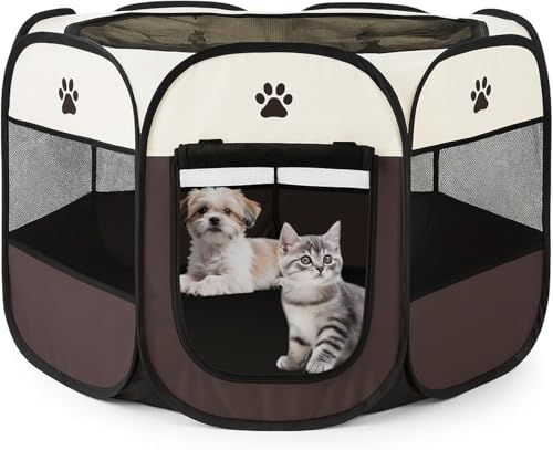 MuGaoDee ペットサークル 折畳み 犬 サークル 室内 73*73*47cm 猫 サークル 大型 八角形 犬 ゲージ 猫 ドッグハウス ペットサークル 屋根付き アウトドア 防災 猫 犬 ケージ 犬 サークル 折り畳み 室内 屋外 キャンプ メッシュサークル 頑丈 出産室 大型犬 小型犬 猫 (ブラウン)