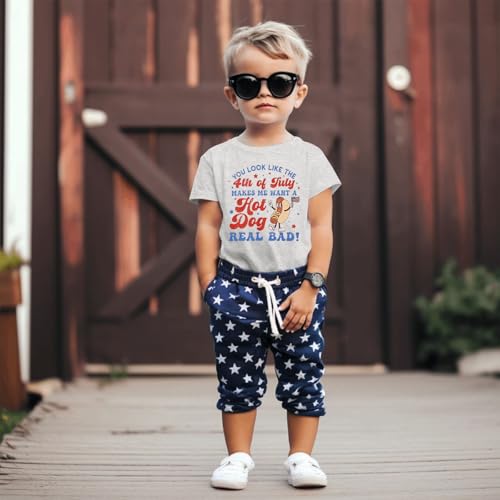 4th of July Shirts for Toddler Boys Funny Hot Dog T Shirt American Flag Tees Tops USA Patriotic Independence Day Clothes(Gray,5-6T)3