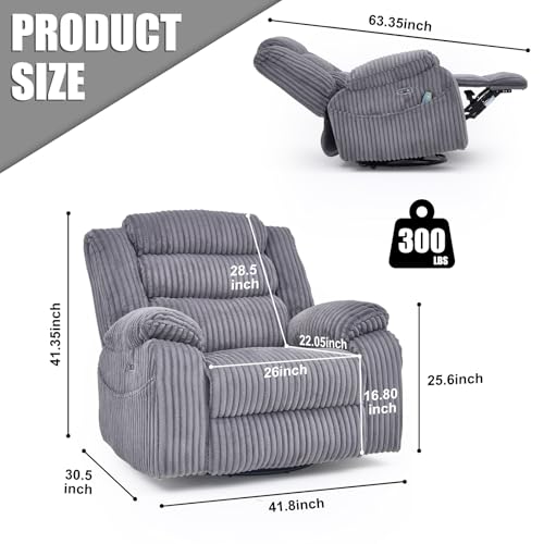 SINCRUMI Power Swivel Rocker Recliner Chair for Adults with Massgae and Heat, USB and Type-C Charging Port, Infinite Position, Electric Glider Rocking Chairs for Living Room, Nursery, Grey