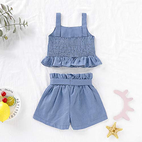 Toddler Baby Girl Halter Denim Outfits Set Ruffled Strap Crop Tops+Short Pants with Bowknot Belt Summer Clothes Set (Denim, 12-18 Months)