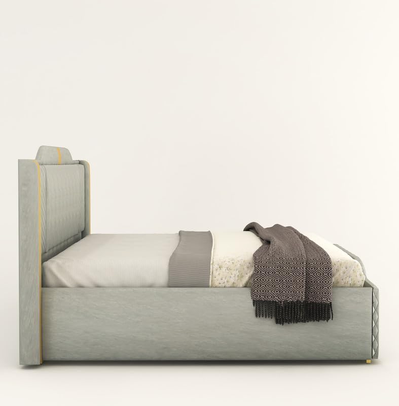 Image of Aesthetic crafts Modern Upholstered King Size Bed with Box Storage for Bedroom | Wooden Double Bed with Storage | Platform Cot Bed with Upholstery Premium Fabric | 6.5 x 6 Ft, Sheesham Wood, Grey