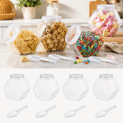 4 Pcs 122 oz Plastic Candy Jar with Lids and Scoops Hexagon Cookie Jars Clear Reusable Containers for Kitchen Counter Candy Bar for Cookies, Pets Treats, Laundry Pod, Craft Supplies Display Storage