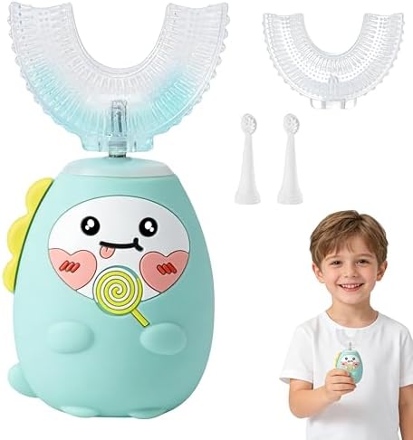 Kids U Shaped Electric Toothbrush with 4 Brush Heads, Sonic Toothbrush Kids with 3 Modes, Cartoon Lollipop 360-Degree Cleaning IPX7 Waterproof Design (Age 2-12 (Green))