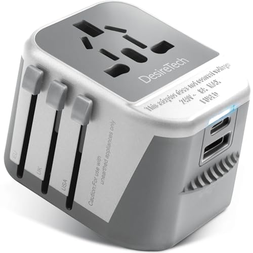 Desiretech Travel Adaptor - 4-in-1 Universal Plug Adapter with USB-A USB-C Phone Docking - Compact UK to World Adaptor Double Fuse Protection - Perfect for Europe USA Asia & Beyond (White/Grey)