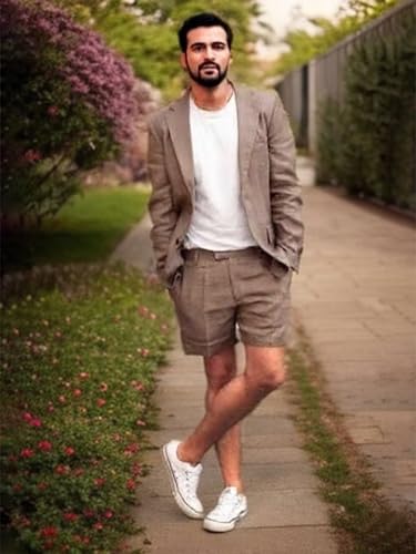 Men's Linen Suit 2 Piece Summer Suit for Beach Wedding Slim Fit Tuxedo Blazer Shorts Set for Men4