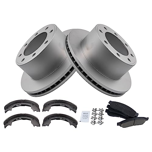 Image of TRQ Rear Brake Pad & Rotor Kit Parking Brake Shoe Set Ceramic Premium G-Coated Compatible with 2008-2010 Ford F-250 Super Duty 2005-2012 F-350 Super Duty