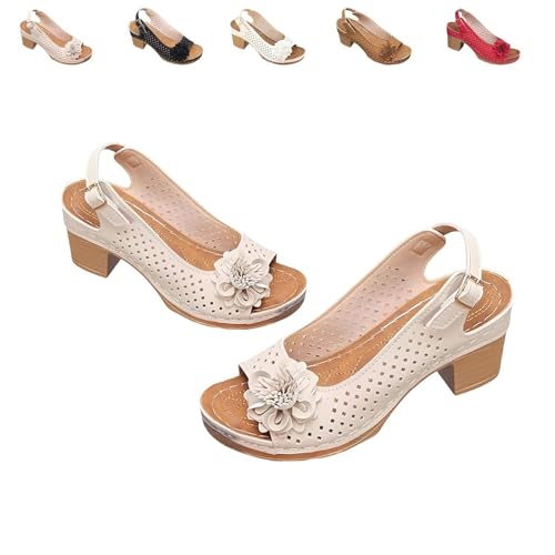 Buckled Square Heel Sandals for Women, Low Slingback Peep Toe Dressy Wedge Shoes, Summer Sandals Wedge Shoes(Beige,41)