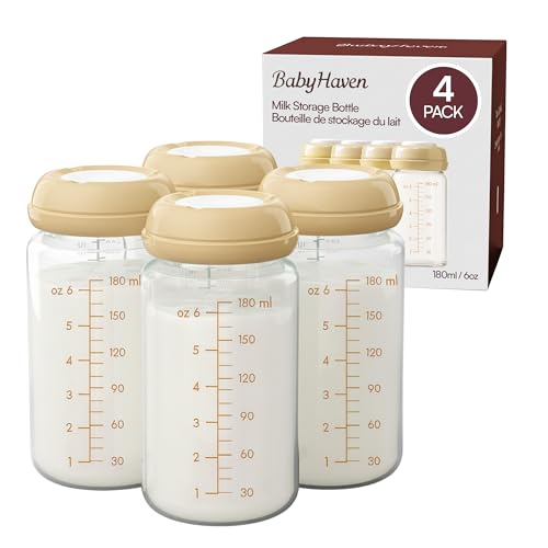 BABYHAVEN – Lot de 4 biberons en verre 180 ml pour lait maternel – Sans BPA – Compatibles 99% tétines – Lave-vaisselle, réfrigérateur, congélateur et...