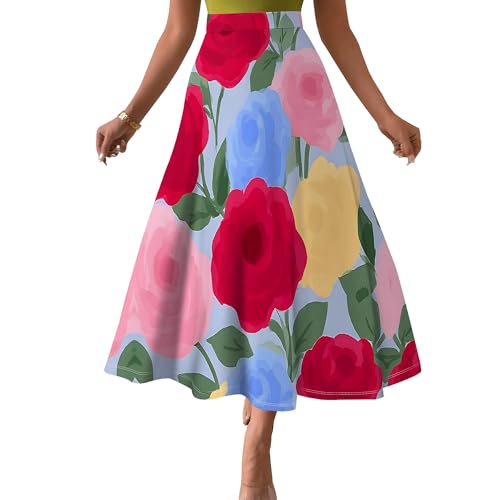 Women's Flowy Flared Ruffle Boho Long Skirt High Waist Casual Flowy Swing Pleated A Line Beach Midi Skirts