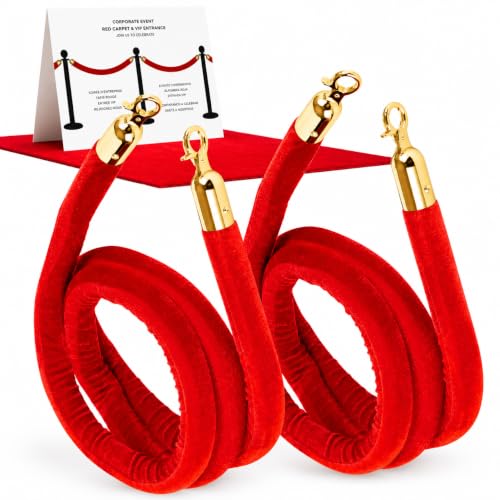 Lot de 2 cordes en velours rouge de 1,52 m pour poteaux de moquette rouge, barres de barrière en velours et cordes VIP, aspect luxueux pour les entrées d'événements