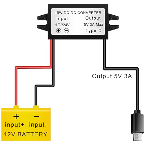 DC 12V/24V to 5V 3A 15W Buck Converter, USB Type-C Waterproof Power Adapter for Raspberry Pi 4, Phone, Car, Step Down Voltage Regulator3