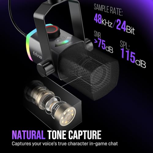 Image of FIFINE Gaming Microphone Kit, XLR /USB Dynamic PC Microphone with Boom Arm for Podcast Recording, RGB Streaming Mic Set with Software, Tap-to-Mute, Mix Control, Headphone Jack-AmpliGame AM8PROT