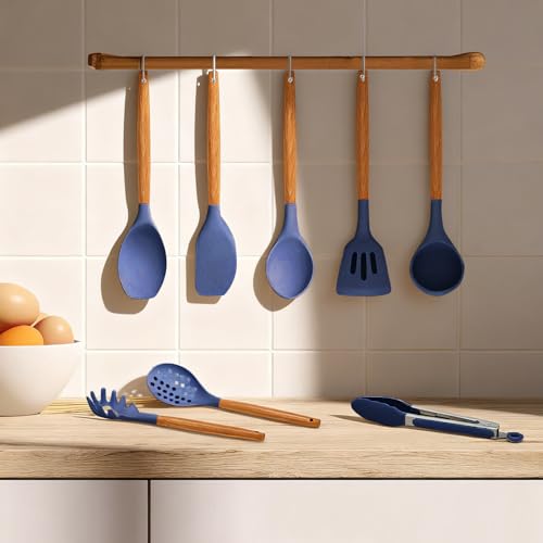 Kitchen Utensils Set - 12 Pcs Silicone Cooking Utensils Set with Wooden Handle - Heat Resistant Non-Stick BPA Free Spatula Set,Turner, Spoon, Brush, Silicone Kitchen Gadgets Utensil Set — view 6