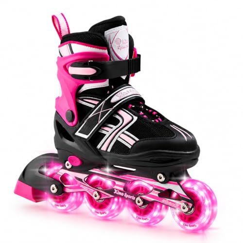 XINO SPORTS Adjustable Inline Skates for Boys and Girls - Pro Quality - Beginner Friendly with Illuminating LED Light-Up Wheels, for Indoor and Outdoor Skating (Fuchsia, Medium - 1-4)
