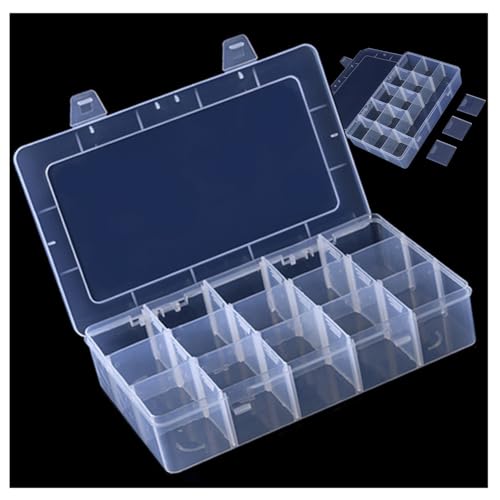 Wanfoou Caja de almacenamiento de plástico transparente de 15 rejillas, caja organizadora de aparejos de plástico, caja organizadora de cuentas transparentes con separadores extraíbles para joyas