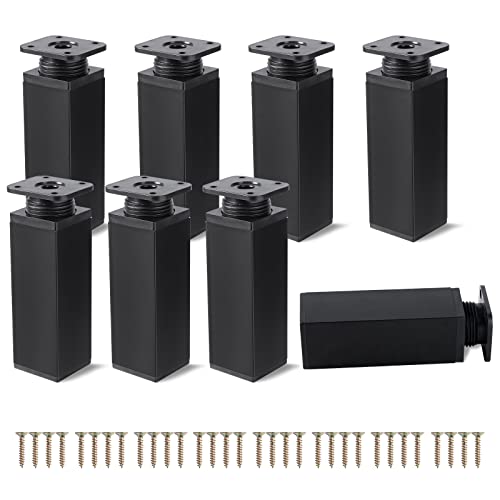 Niviy Patas para Muebles 8 Piezas Patas Regulables Cuadradas Aleación de Aluminio con Placa de Fijación Patas para Sofas Pies de Gabinete Armarios Cama 120 mm Tornillos Incluidos Negro Cover