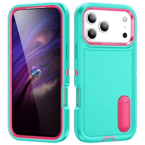 Coque iPhone 17 silicone antichoc rigide vert rose avec béquille de protection